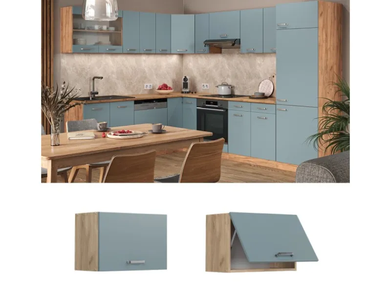 New Vicco Hängeschrank R-Line Hängender Küchenschrank Blau-Grau/Goldkraft Eiche 60 cm Flach Blaugrau