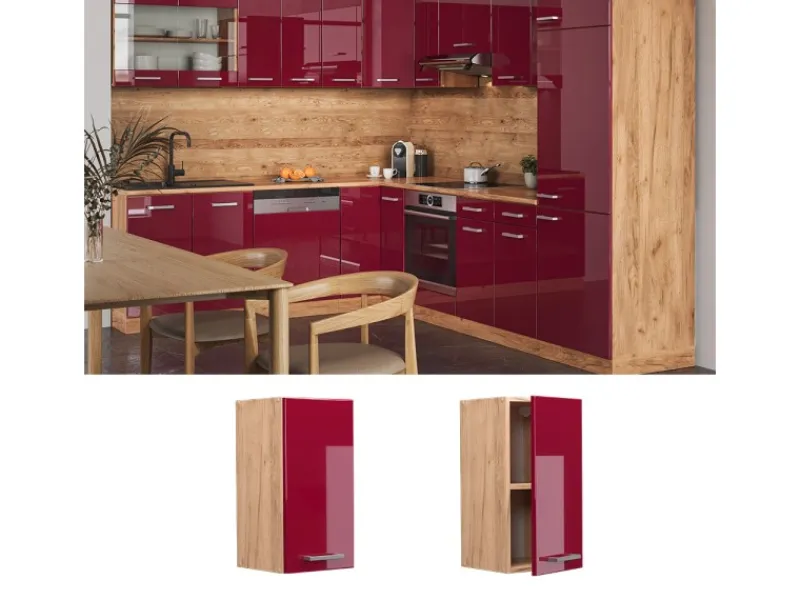 Pfannen|Küchenschränke<Vicco Hängeschrank R-Line Hängender Küchenschrank Bordeaux Hochglanz/Goldkraft Eiche 30 cm
