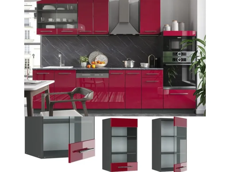 Vicco Küchenglasschrank Fame-Line Glashängeschrank Bordeaux Hochglanz/Anthrazit 40 cm< Pfannen