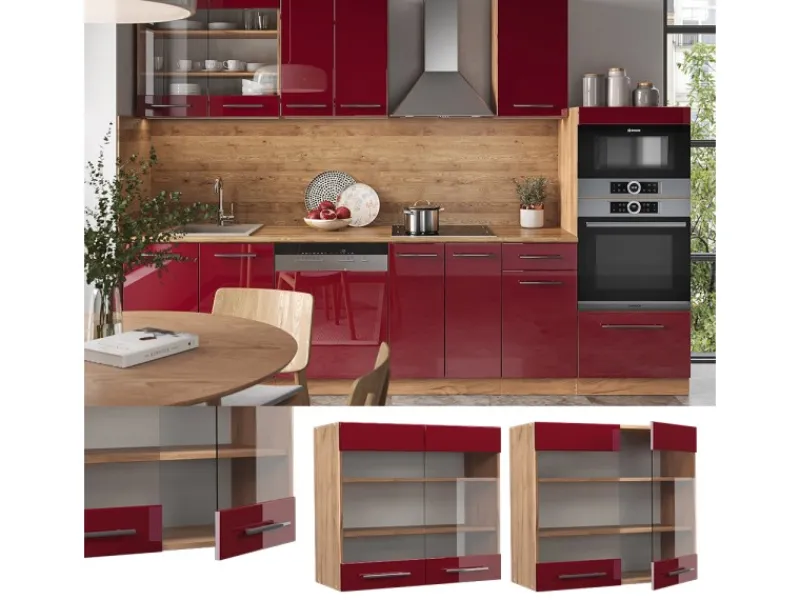 Küchenschränke<Vicco Küchenglasschrank Fame-Line Bordeaux Hochglanz/Goldkraft Eiche 80 cm
