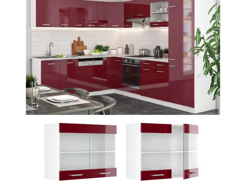 Vicco Küchenglasschrank R-Line Glashängeschrank Bordeaux Hochglanz/Weiß 80 cm< Küchenschränke