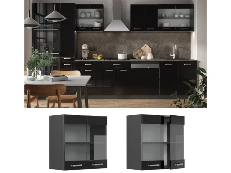 New Vicco Küchenglasschrank R-Line Glashängeschrank Schwarz Hochglanz 60 cm Schwarz Glänzend