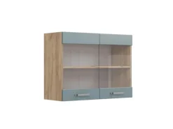 Best Vicco Küchenglasschrank R-Line Glashängeschrank Blau-Grau/Goldkraft Eiche 80 cm Blaugrau