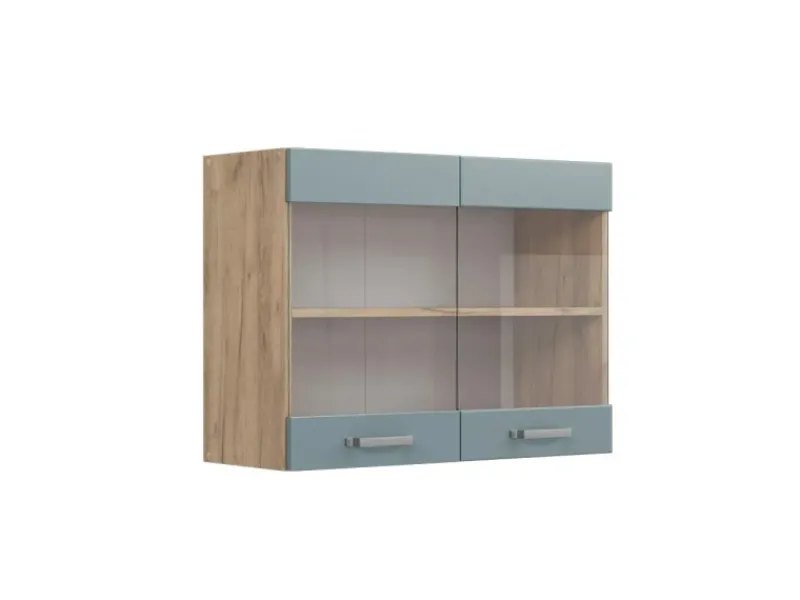 Best Vicco Küchenglasschrank R-Line Glashängeschrank Blau-Grau/Goldkraft Eiche 80 cm Blaugrau