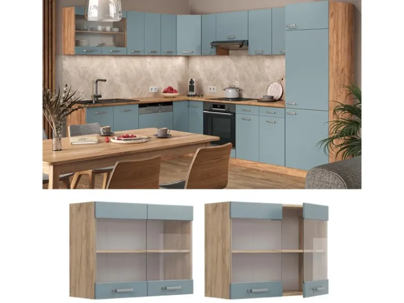 Best Vicco Küchenglasschrank R-Line Glashängeschrank Blau-Grau/Goldkraft Eiche 80 cm Blaugrau
