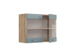 Best Vicco Küchenglasschrank R-Line Glashängeschrank Blau-Grau/Goldkraft Eiche 80 cm Blaugrau