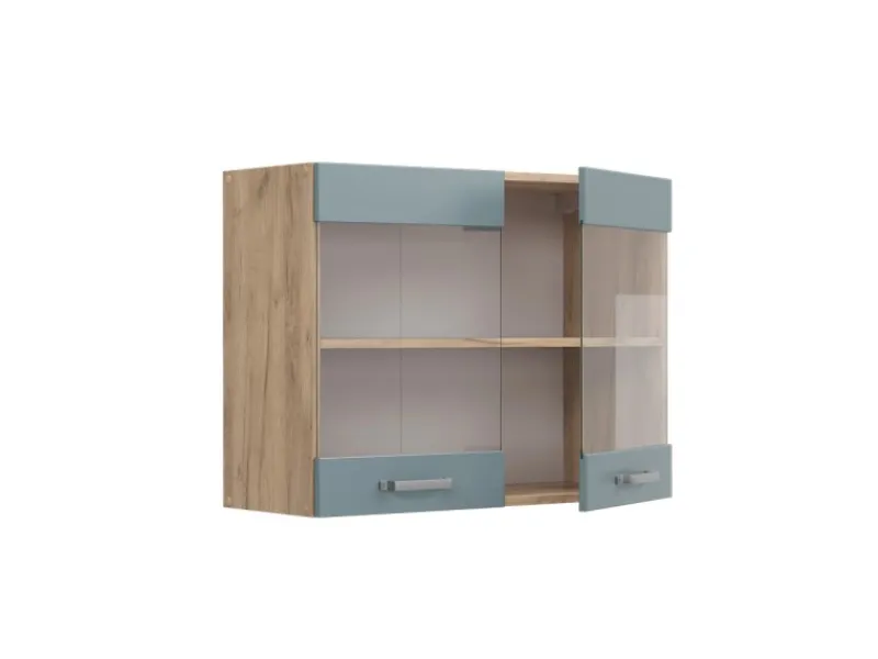 Best Vicco Küchenglasschrank R-Line Glashängeschrank Blau-Grau/Goldkraft Eiche 80 cm Blaugrau