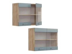 Best Vicco Küchenglasschrank R-Line Glashängeschrank Blau-Grau/Goldkraft Eiche 80 cm Blaugrau