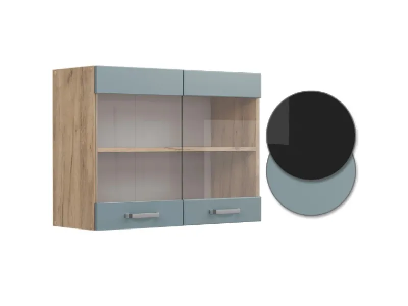 Best Vicco Küchenglasschrank R-Line Glashängeschrank Blau-Grau/Goldkraft Eiche 80 cm Blaugrau