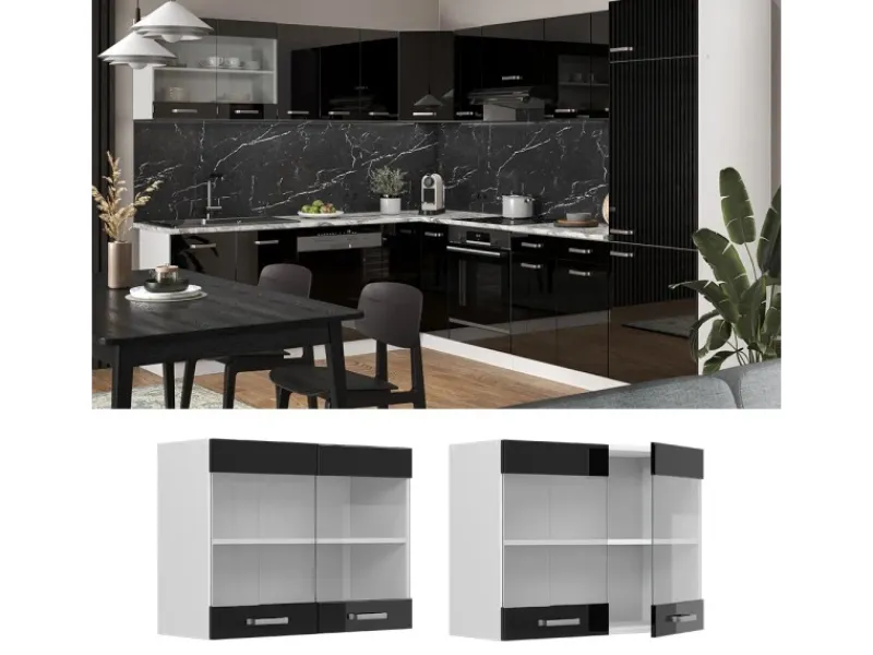 Vicco Küchenglasschrank R-Line Glashängeschrank Schwarz Hochglanz/Weiß 80 cm< Küchenschränke