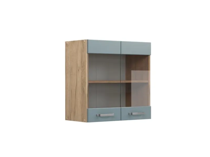Küchenschränke<Vicco Küchenglasschrank R-Line Glashängeschrank Blau-Grau/Goldkraft Eiche 60 cm