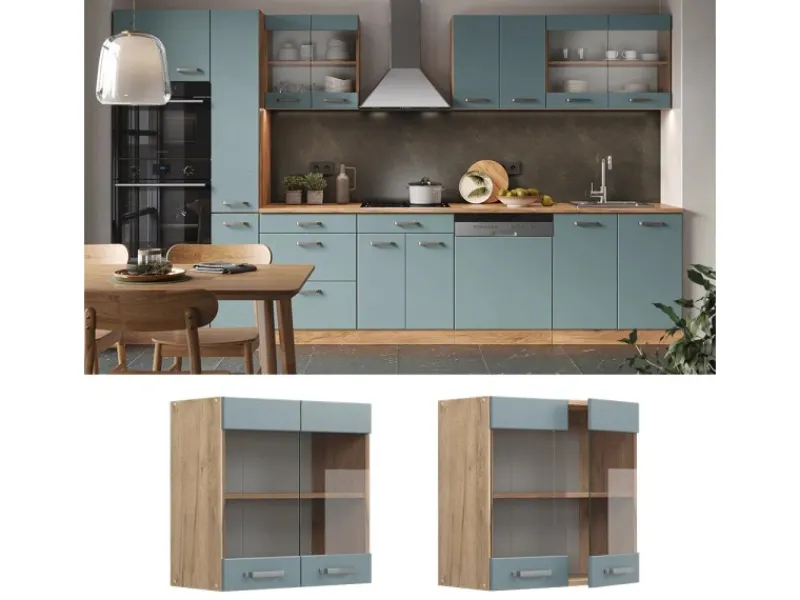 Küchenschränke<Vicco Küchenglasschrank R-Line Glashängeschrank Blau-Grau/Goldkraft Eiche 60 cm