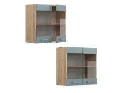 Küchenschränke<Vicco Küchenglasschrank R-Line Glashängeschrank Blau-Grau/Goldkraft Eiche 60 cm