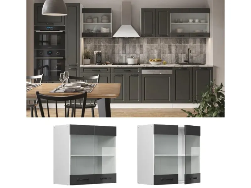 Küchenschränke<Vicco Küchenglasschrank R-Line Glashängeschrank Anthrazit Landhaus/Weiß 60 cm