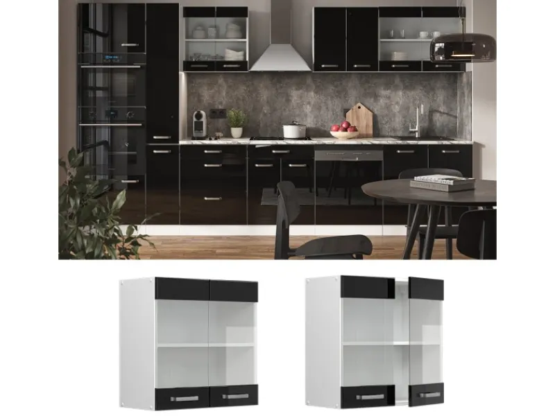 Küchenschränke<Vicco Küchenglasschrank R-Line Glashängeschrank Schwarz Hochglanz/Weiß 60 cm
