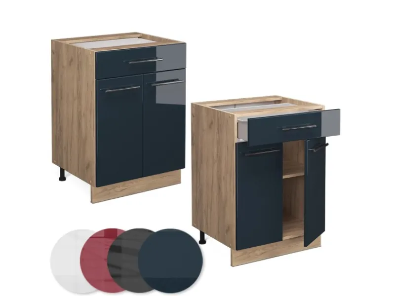 Online Vicco Küchenunterschrank Fame-Line Hochglanz/Goldkraft Eiche 60 cm mit Schublade AP Eiche Dunkelblau