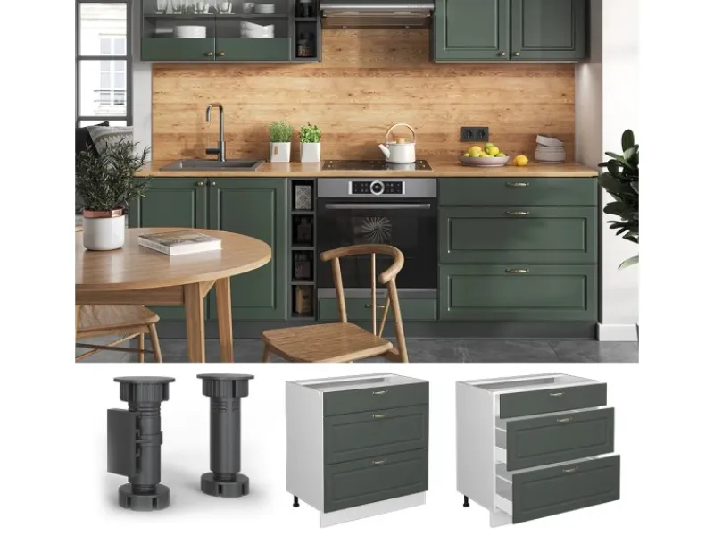 Hot Vicco Küchenunterschrank Fame-Line Grün-Gold Landhaus/Weiß 80 cm mit 3 Schubladen ohne Arbeitsplatte Dunkelgrün