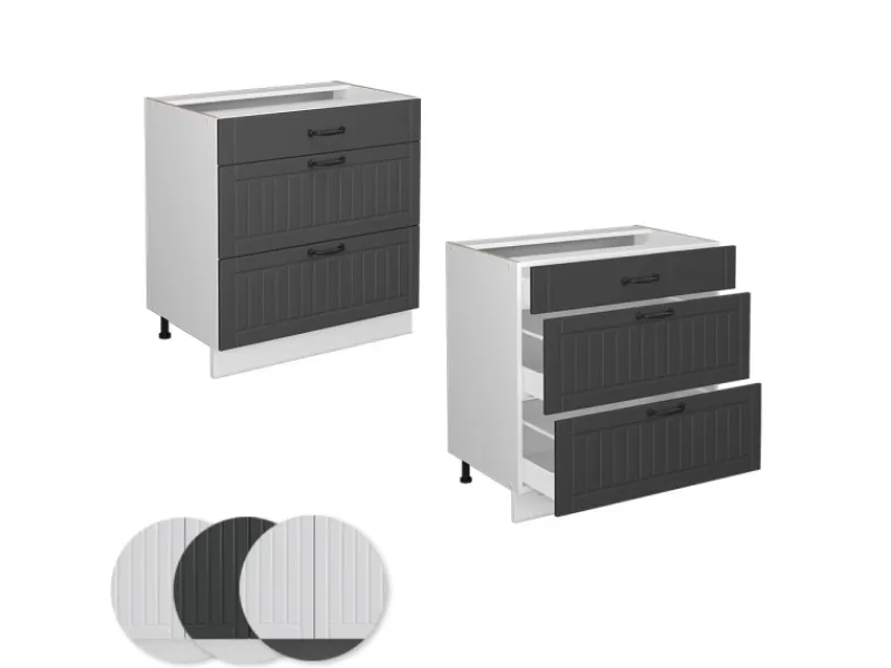 Vicco Küchenunterschrank Fame-Line Anthrazit Landhaus/Weiß 80 cm mit 3 Schubladen AP Eiche< Küchenschränke