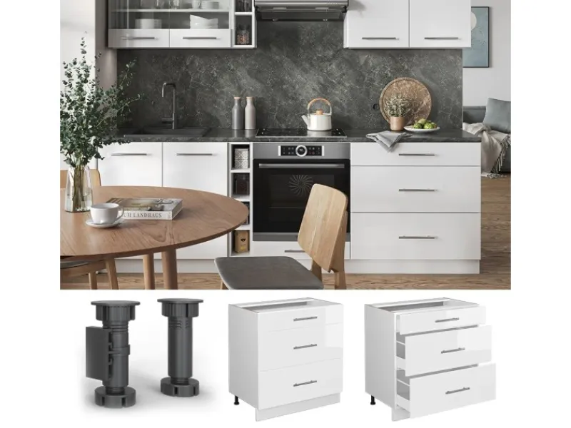 Pantryküchen|Einbauküchen<Vicco Küchenunterschrank Fame-Line Hochglanz/ 80 cm mit 3 Schubladen ohne Arbeitsplatte