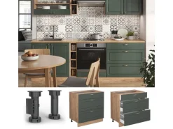 Clearance Vicco Küchenunterschrank Fame-Line Grün-Gold Landhaus/Goldkraft Eiche 80 cm mit 3 Schubladen ohne Arbeitsplatte Dunkelgrün