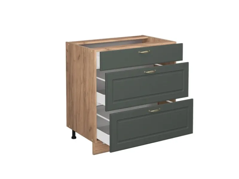 Clearance Vicco Küchenunterschrank Fame-Line Grün-Gold Landhaus/Goldkraft Eiche 80 cm mit 3 Schubladen ohne Arbeitsplatte Dunkelgrün