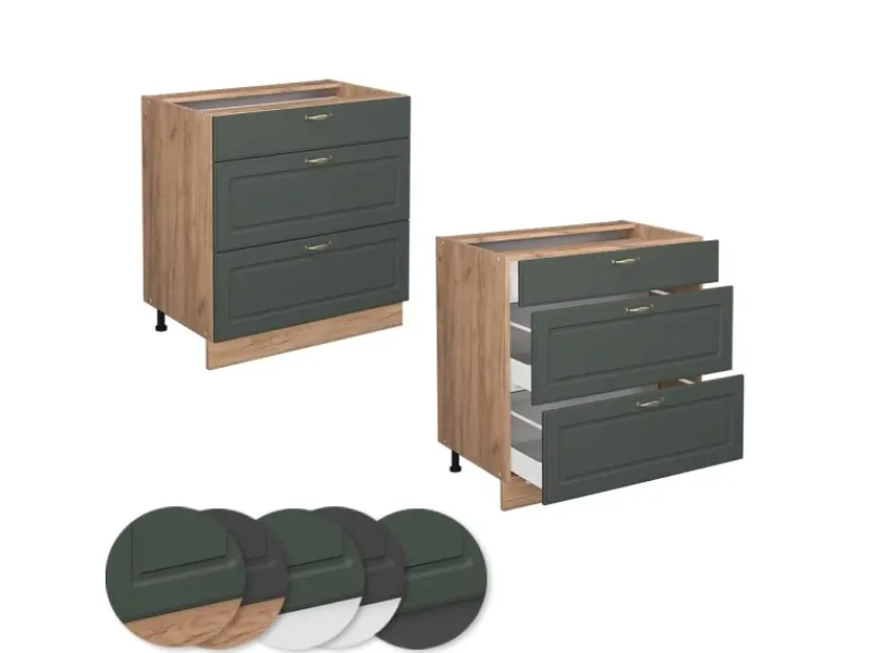 Clearance Vicco Küchenunterschrank Fame-Line Grün-Gold Landhaus/Goldkraft Eiche 80 cm mit 3 Schubladen ohne Arbeitsplatte Dunkelgrün