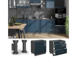 Vicco Küchenunterschrank Fame-Line Hochglanz/Anthrazit 80 cm mit 3 Schubladen AP Eiche Dunkelblau