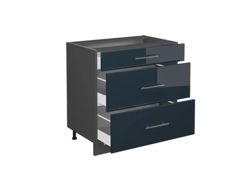 Vicco Küchenunterschrank Fame-Line Hochglanz/Anthrazit 80 cm mit 3 Schubladen AP Eiche Dunkelblau