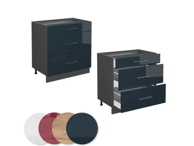 Vicco Küchenunterschrank Fame-Line Hochglanz/Anthrazit 80 cm mit 3 Schubladen AP Eiche Dunkelblau