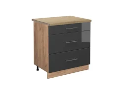 Vicco Küchenunterschrank Fame-Line Hochglanz/Goldkraft Eiche 80 cm mit 3 Schubladen AP Eiche Anthrazit