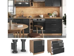 Vicco Küchenunterschrank Fame-Line Hochglanz/Goldkraft Eiche 80 cm mit 3 Schubladen AP Eiche Anthrazit