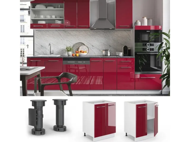 Vicco Küchenunterschrank Fame-Line Bordeaux Hochglanz/Weiß 60 cm AP Marmor< Küchenschränke
