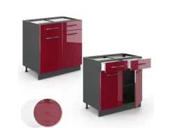 Vicco Küchenunterschrank Fame-Line Bordeaux Hochglanz/Anthrazit 80 cm AP Marmor< Küchenschränke