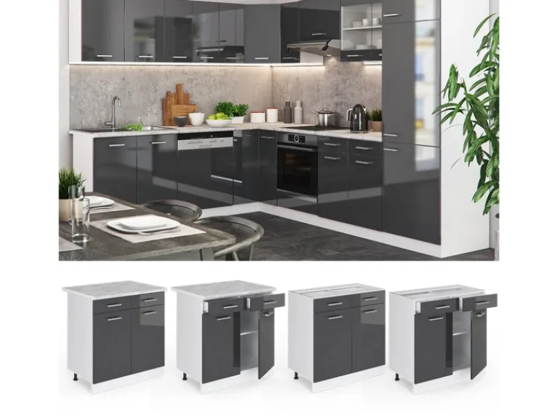 Best Vicco Küchenunterschrank R-Line Hochglanz/Weiß 80 cm ohne Arbeitsplatte Anthrazit