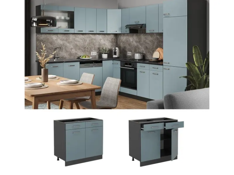 Vicco Küchenunterschrank R-Line Schubladenschrank für die Küche Blau-Grau/Anthrazit 80 cm AP Eiche< Kücheninseln