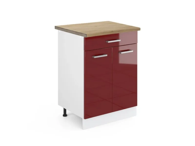 Pantryküchen<Vicco Küchenunterschrank R-Line Bordeaux Hochglanz/Weiß 60 cm mit Schublade AP Eiche