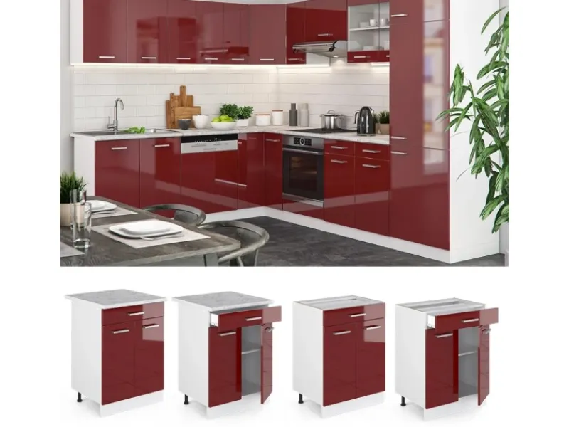 Pantryküchen<Vicco Küchenunterschrank R-Line Bordeaux Hochglanz/Weiß 60 cm mit Schublade AP Eiche