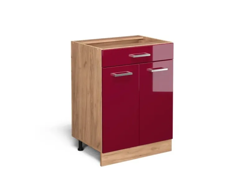 Pfannen<Vicco Küchenunterschrank R-Line Bordeaux Hochglanz/Goldkraft Eiche 60 cm mit Schublade ohne Arbeitsplatte