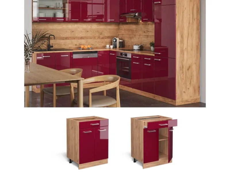Pfannen<Vicco Küchenunterschrank R-Line Bordeaux Hochglanz/Goldkraft Eiche 60 cm mit Schublade ohne Arbeitsplatte