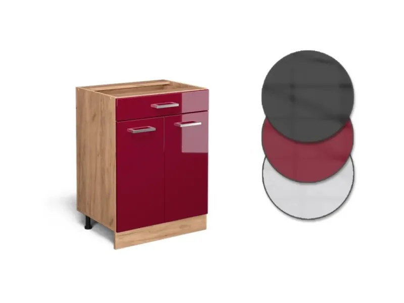 Pfannen<Vicco Küchenunterschrank R-Line Bordeaux Hochglanz/Goldkraft Eiche 60 cm mit Schublade ohne Arbeitsplatte