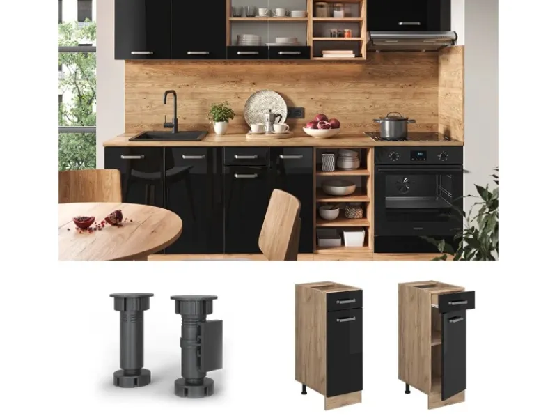 New Vicco Küchenunterschrank R-Line Schwarz Hochglanz/Goldkraft Eiche 30 cm AP Eiche Schwarz Glänzend