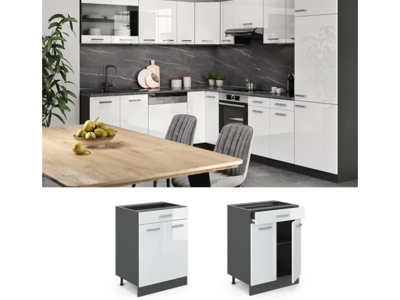 Pfannen<Vicco Küchenunterschrank R-Line Hochglanz 60 cm mit Schublade ohne Arbeitsplatte