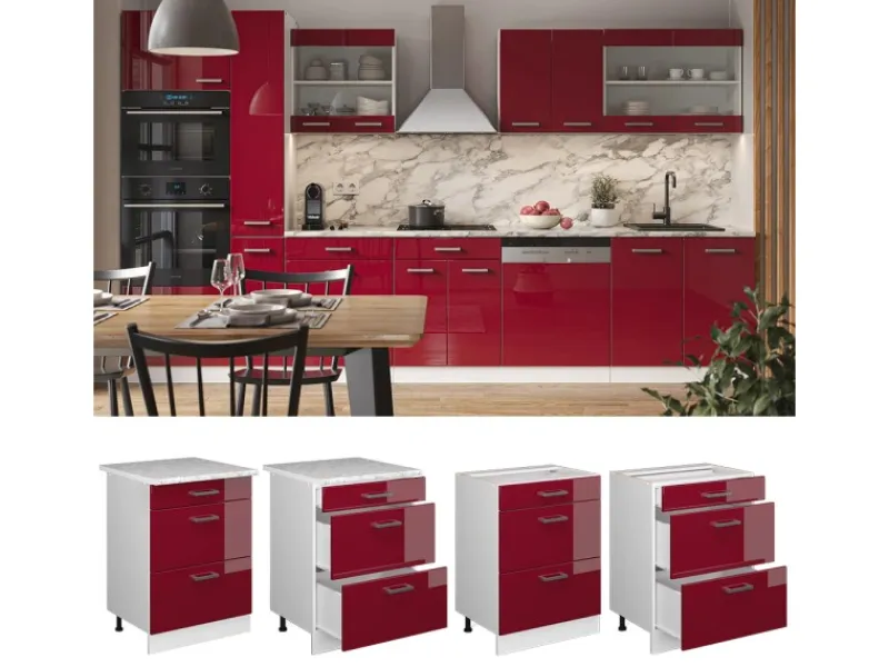 Vicco Küchenunterschrank R-Line Bordeaux Hochglanz/Weiß 60 cm mit Schubladen ohne Arbeitsplatte< Küchenschränke