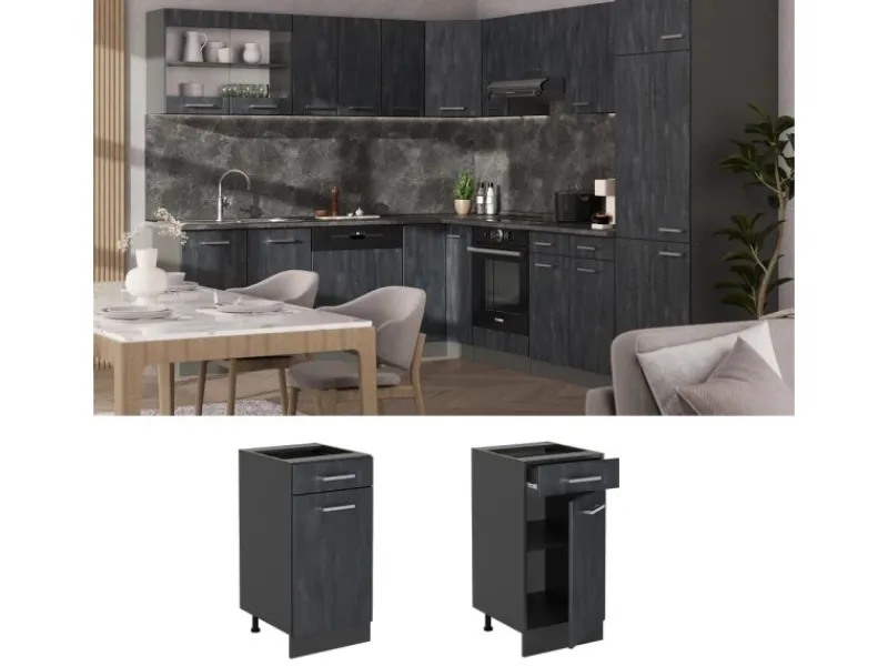 Vicco Küchenunterschrank R-Line Schwarz Beton/Anthrazit 40 cm AP Anthrazit< Pfannen