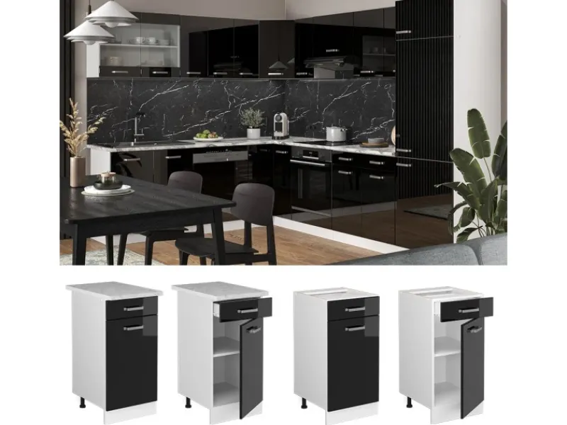Hot Vicco Küchenunterschrank R-Line Schwarz Hochglanz/Weiß 40 cm AP Marmor Schwarz Glänzend