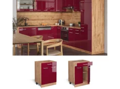 Best Vicco Küchenunterschrank R-Line Bordeaux Hochglanz/Goldkraft Eiche 60 cm mit Schublade AP Eiche Bordeaux-Glanz