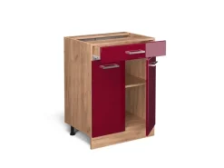 Best Vicco Küchenunterschrank R-Line Bordeaux Hochglanz/Goldkraft Eiche 60 cm mit Schublade AP Eiche Bordeaux-Glanz