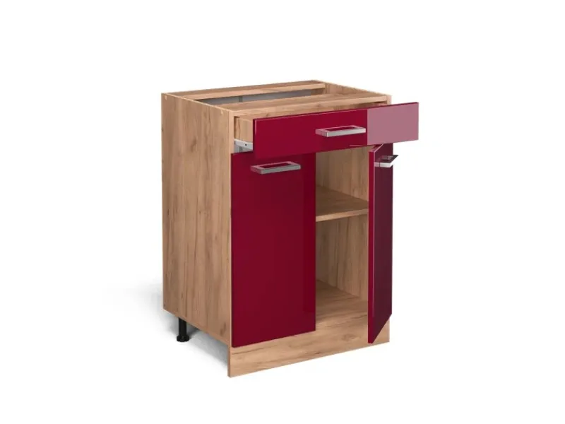 Best Vicco Küchenunterschrank R-Line Bordeaux Hochglanz/Goldkraft Eiche 60 cm mit Schublade AP Eiche Bordeaux-Glanz