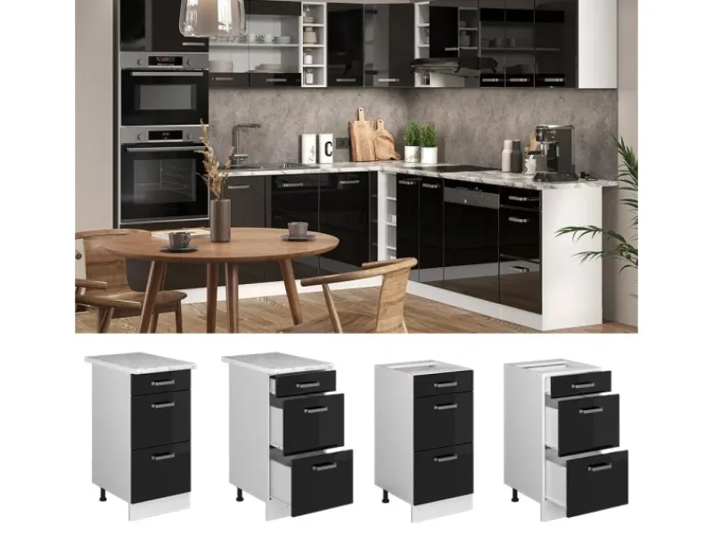 Online Vicco Küchenunterschrank R-Line Schwarz Hochglanz/Weiß 40 cm mit Schubladen ohne Arbeitsplatte Schwarz Glänzend