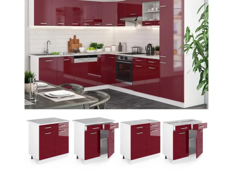 Online Vicco Küchenunterschrank R-Line Bordeaux Hochglanz/Weiß 80 cm ohne Arbeitsplatte Bordeaux-Glanz